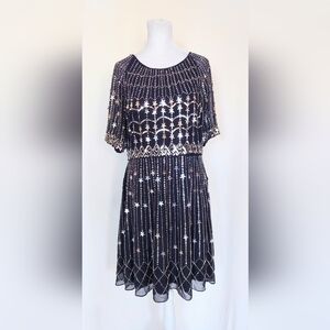 Frock and Frill Embellished Silver Star Sequin Beaded Dress Size 14 Navy Blue